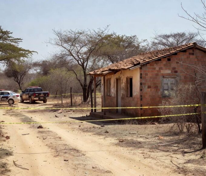 Cena de crime em casa rural de Planaltina, DF, com fita de isolamento e viaturas policiais, representando chacina familiar.