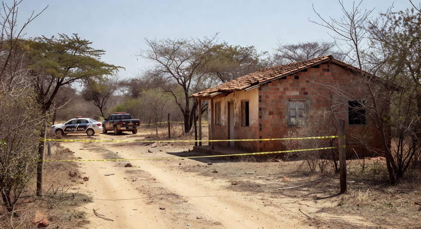 Cena de crime em casa rural de Planaltina, DF, com fita de isolamento e viaturas policiais, representando chacina familiar.