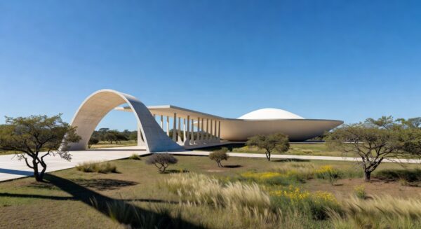 Nova escola integrada em Brasília inspirada na arquitetura modernista local, com linhas curvas e concreto branco.