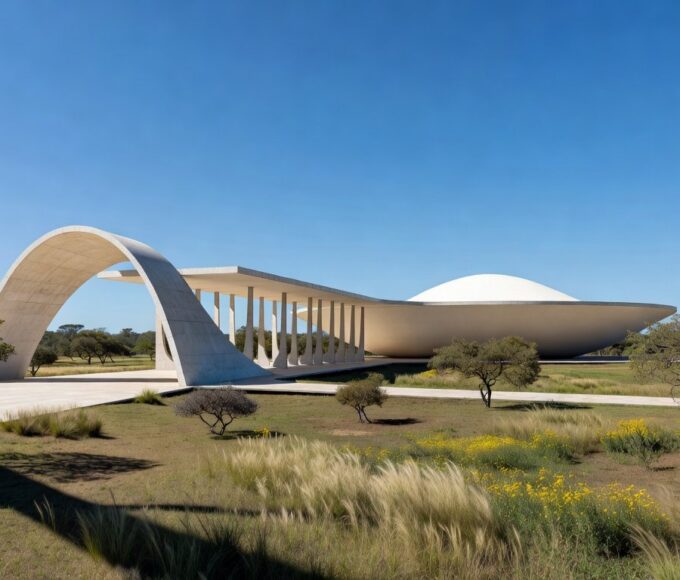 Nova escola integrada em Brasília inspirada na arquitetura modernista local, com linhas curvas e concreto branco.