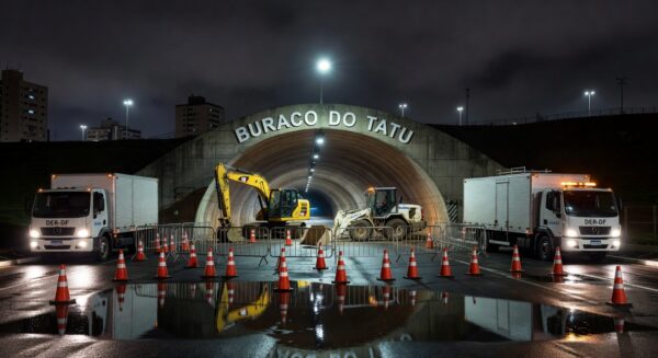 Túnel Buraco do Tatu interditado à noite para manutenção de câmeras pelo DER-DF em Brasília.