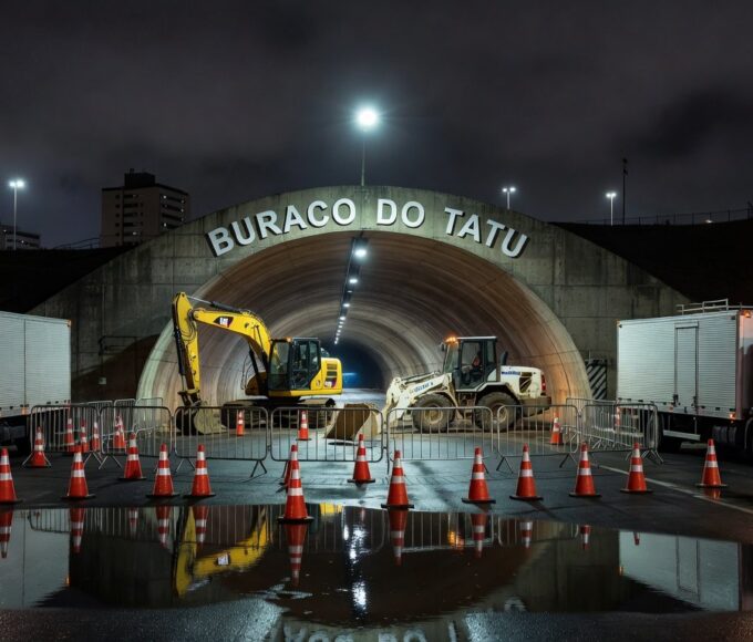 Túnel Buraco do Tatu interditado à noite para manutenção de câmeras pelo DER-DF em Brasília.