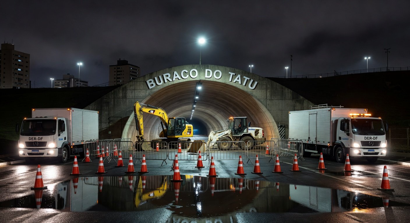 Túnel Buraco do Tatu interditado à noite para manutenção de câmeras pelo DER-DF em Brasília.