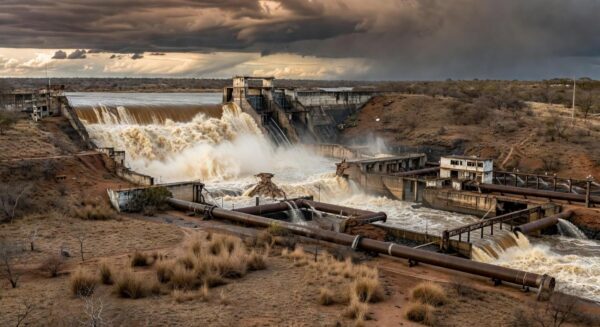 Barragem de Santa Maria transbordando no DF, expondo falhas na gestão hídrica.