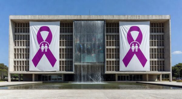 Edifício governamental em Brasília com símbolos de campanhas contra violência doméstica, representando expansão de programas da Sejus-DF.
