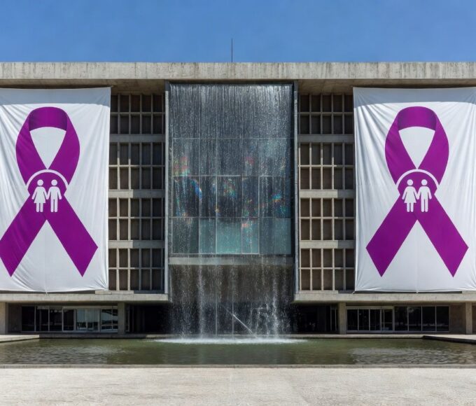Edifício governamental em Brasília com símbolos de campanhas contra violência doméstica, representando expansão de programas da Sejus-DF.
