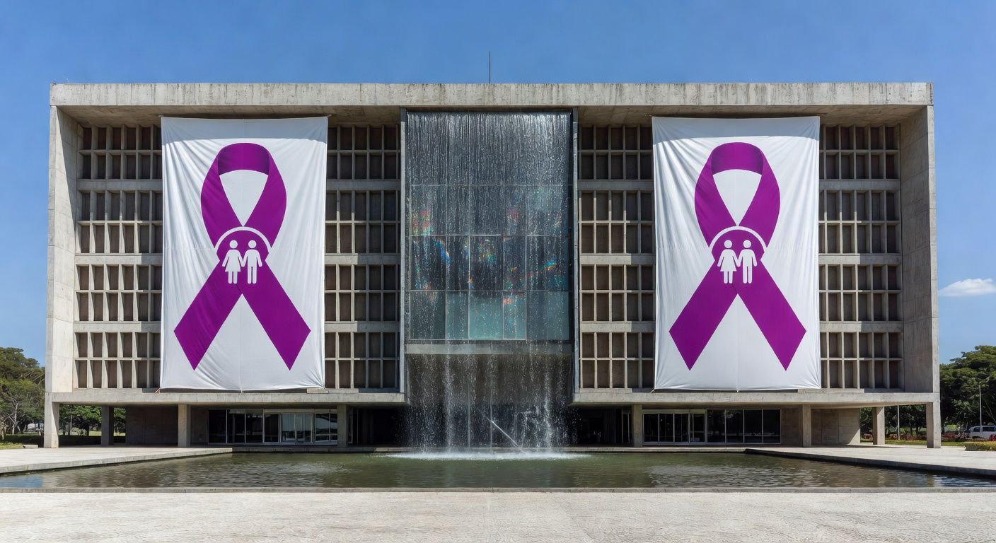 Edifício governamental em Brasília com símbolos de campanhas contra violência doméstica, representando expansão de programas da Sejus-DF.