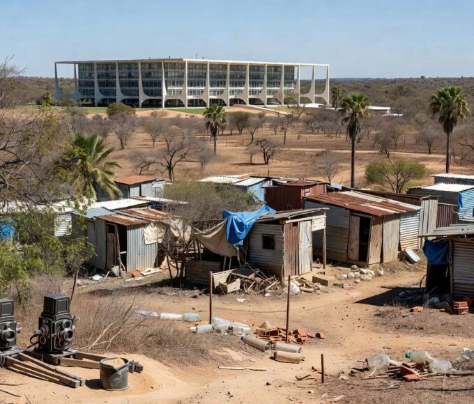 Edifício governamental em Brasília com assentamento rural e elementos de cinema, representando lei de redução de polo cinematográfico e regularização no DF.