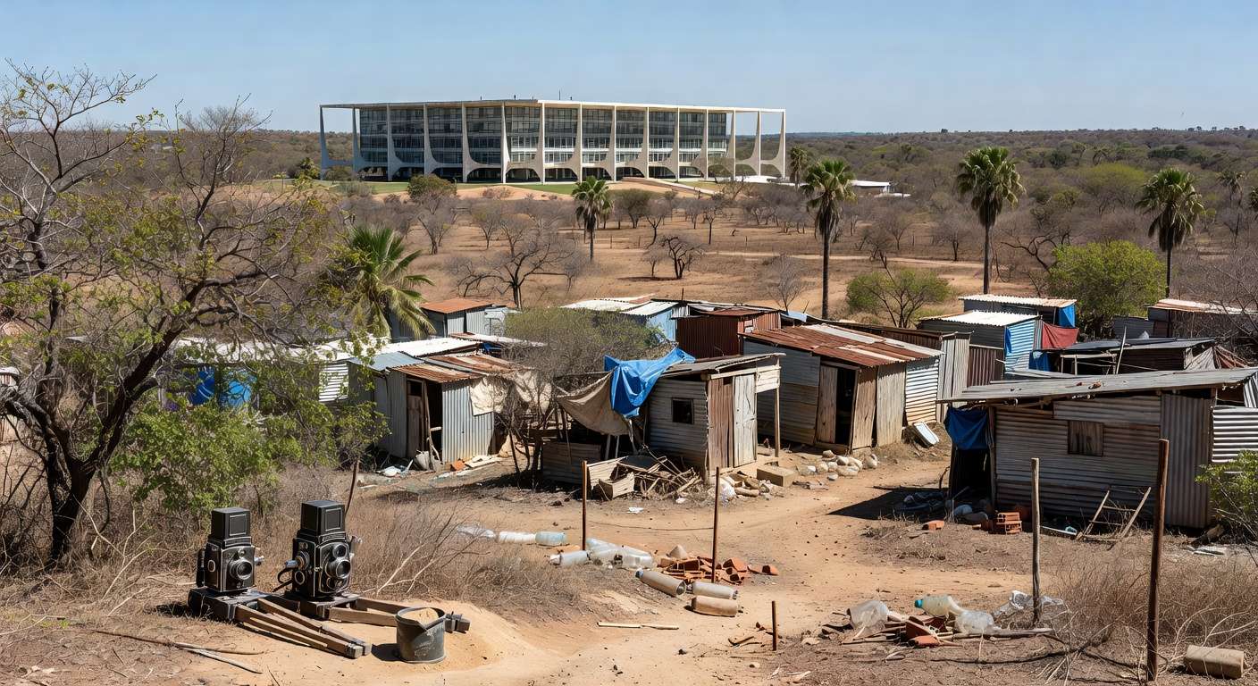 Edifício governamental em Brasília com assentamento rural e elementos de cinema, representando lei de redução de polo cinematográfico e regularização no DF.