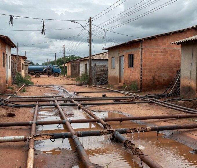 Reservatório de água vazio em Sucupira, DF, destacando abastecimento irregular e ação paliativa do GDF.