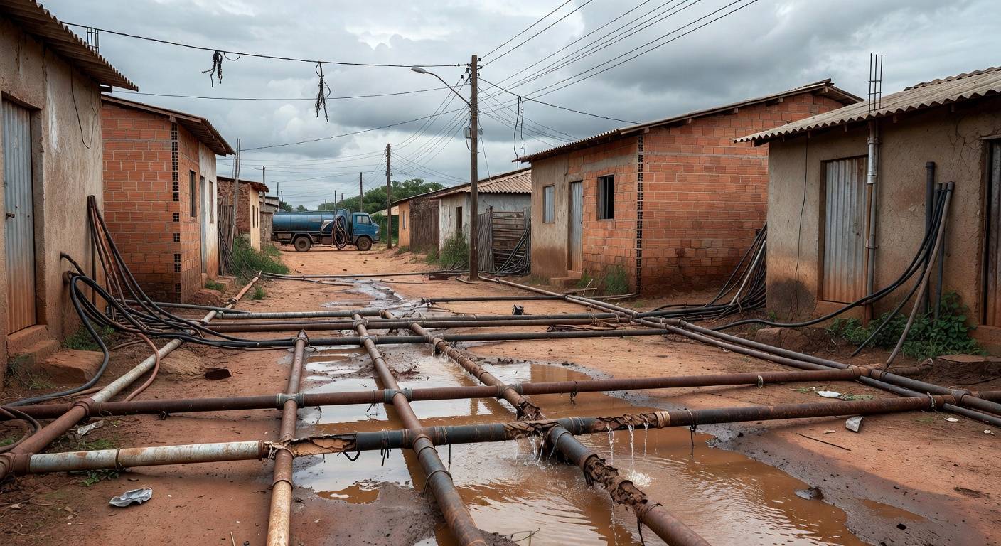 Reservatório de água vazio em Sucupira, DF, destacando abastecimento irregular e ação paliativa do GDF.