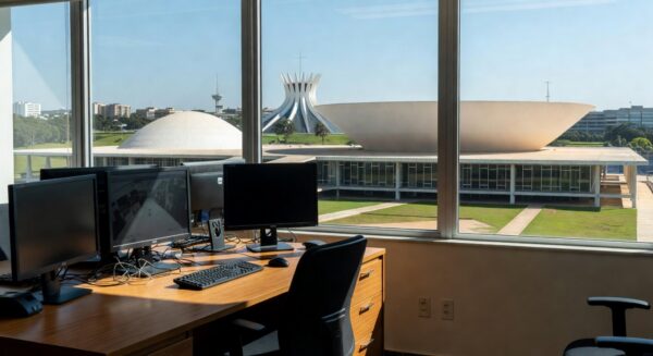 Edifício da CLDF em Brasília com mesa de computadores sugerindo investigação de grampo eletrônico.