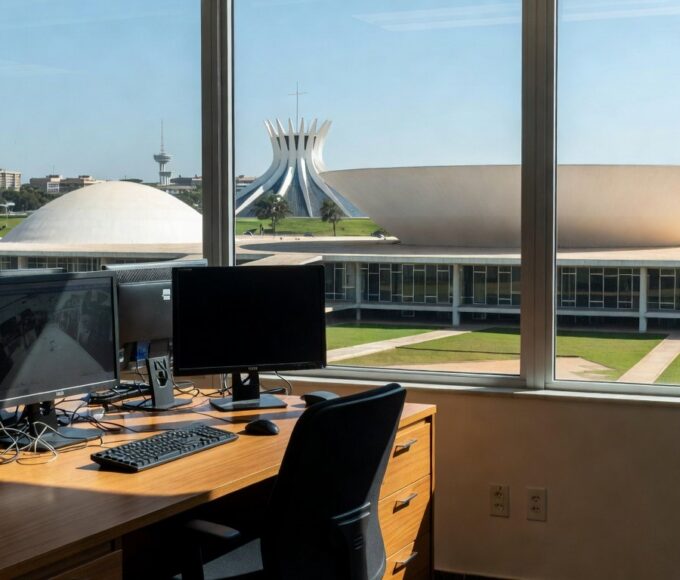 Edifício da CLDF em Brasília com mesa de computadores sugerindo investigação de grampo eletrônico.