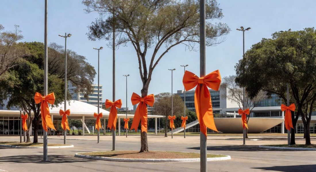 Campanha Maio Laranja com fitas laranjas em praça de Brasília contra abuso sexual infantil