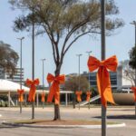 Campanha Maio Laranja com fitas laranjas em praça de Brasília contra abuso sexual infantil
