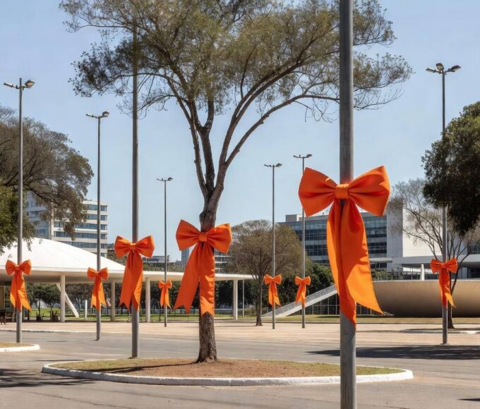 Campanha Maio Laranja com fitas laranjas em praça de Brasília contra abuso sexual infantil