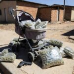 Carrinho de bebê com 25 kg de maconha e pistola apreendidos pela PMDF no Recanto das Emas