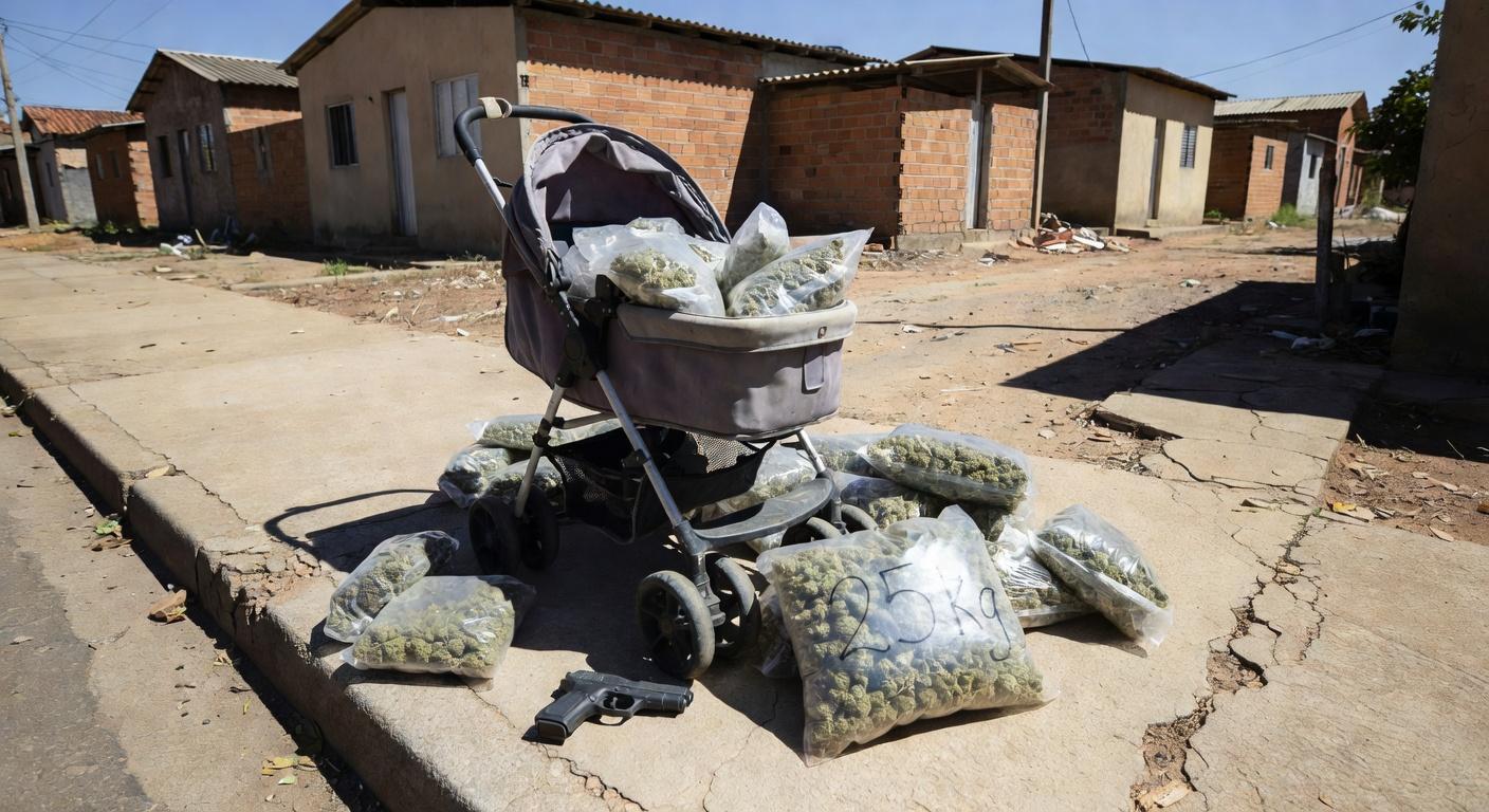 Carrinho de bebê com 25 kg de maconha e pistola apreendidos pela PMDF no Recanto das Emas