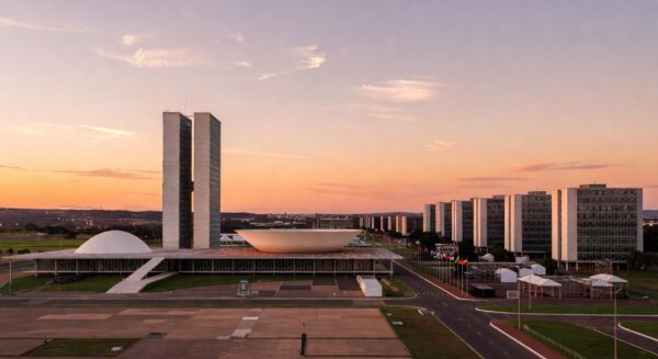 Panorama de Brasília com Congresso Nacional, simbolizando eventos internacionais.