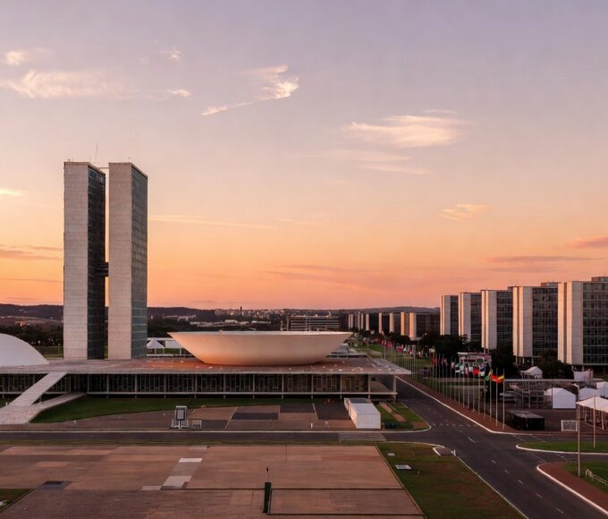 Panorama de Brasília com Congresso Nacional, simbolizando eventos internacionais.