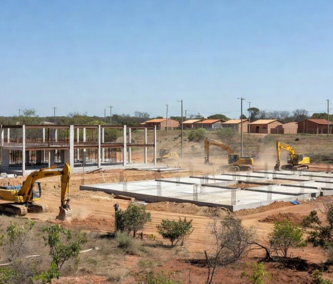 Canteiro de obras para construção de centros educacionais no Recanto das Emas, Brasília
