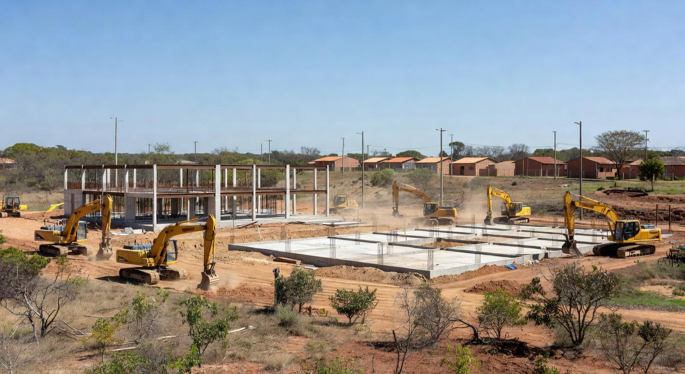 Canteiro de obras para construção de centros educacionais no Recanto das Emas, Brasília