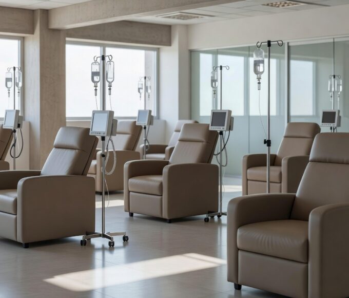 Sala de infusão precária em hospital público do DF para pacientes crônicos