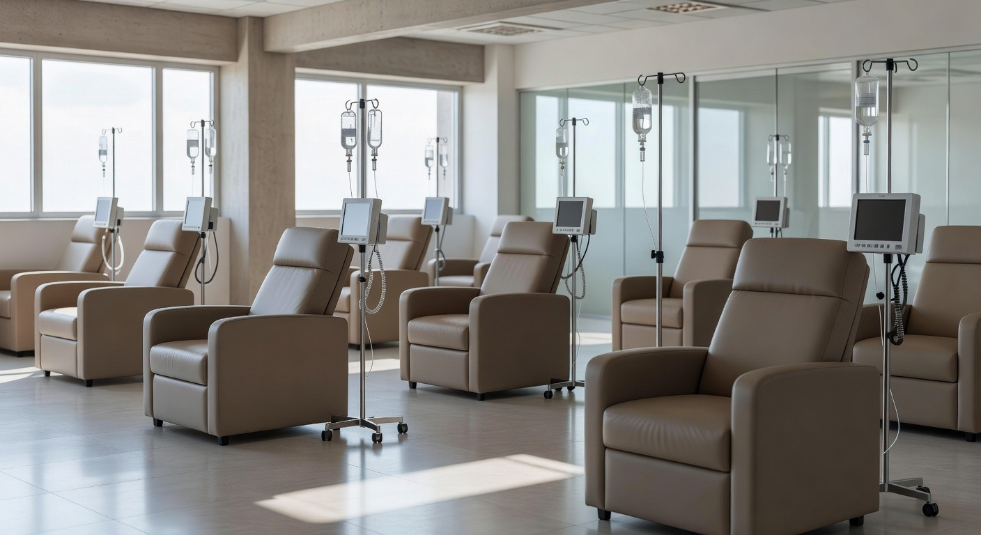 Sala de infusão precária em hospital público do DF para pacientes crônicos