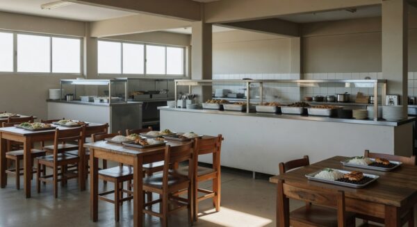 Restaurante comunitário do GDF com mesas e bandejas de refeições no Distrito Federal