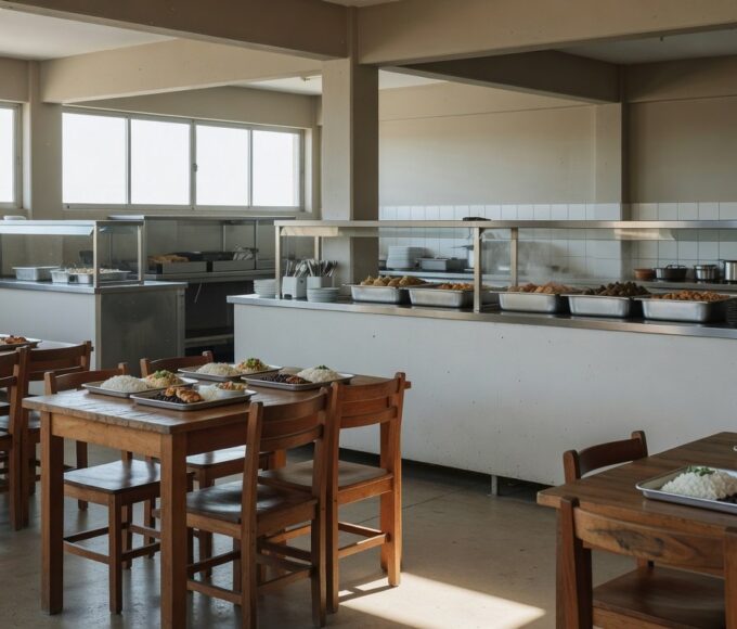 Restaurante comunitário do GDF com mesas e bandejas de refeições no Distrito Federal