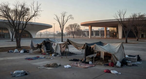 Abrigos improvisados em praça pública de Brasília sobre população em situação de rua no DF