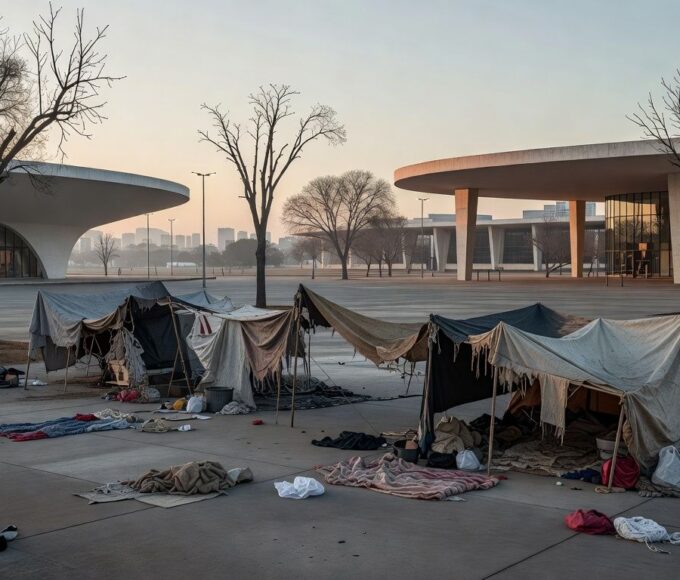Abrigos improvisados em praça pública de Brasília sobre população em situação de rua no DF