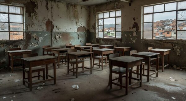 Sala de aula abandonada em escola pública brasileira representando negligência na educação de jovens e adultos