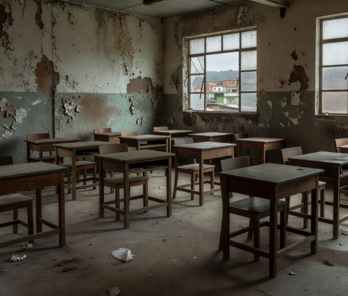 Sala de aula abandonada em escola pública brasileira representando negligência na educação de jovens e adultos