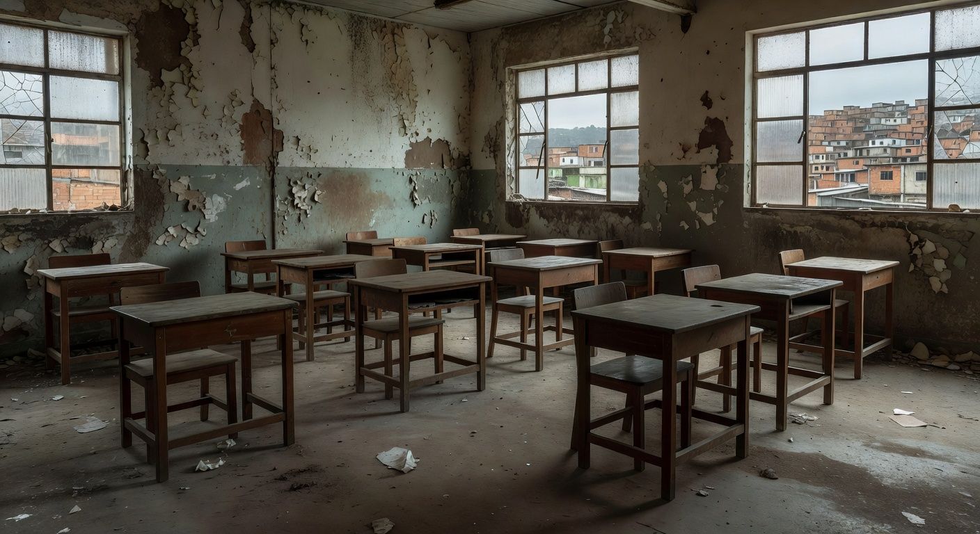 Sala de aula abandonada em escola pública brasileira representando negligência na educação de jovens e adultos