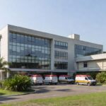 Fachada do Hospital de Base em Brasília com ambulâncias, representando reaproveitamento para UPAs do DF