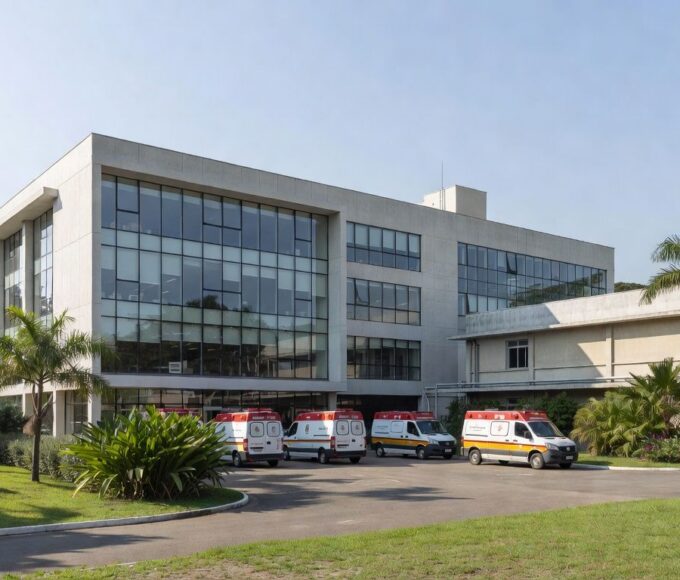 Fachada do Hospital de Base em Brasília com ambulâncias, representando reaproveitamento para UPAs do DF