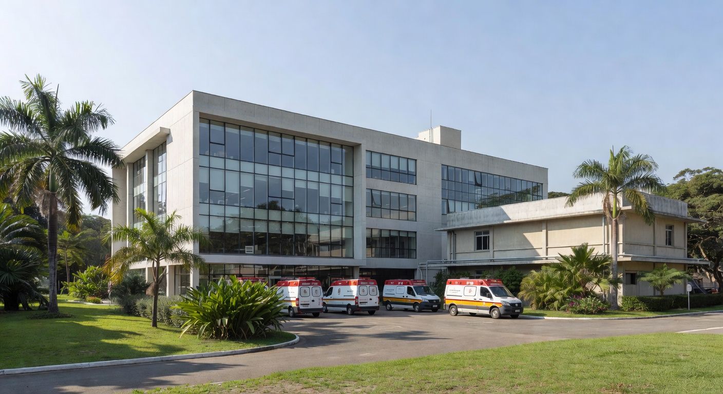 Fachada do Hospital de Base em Brasília com ambulâncias, representando reaproveitamento para UPAs do DF