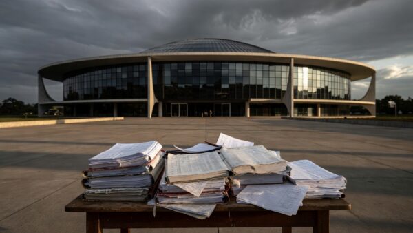Esplanada dos Ministérios em Brasília sob céu nublado, simbolizando insuficiência orçamentária na educação, saúde e cultura