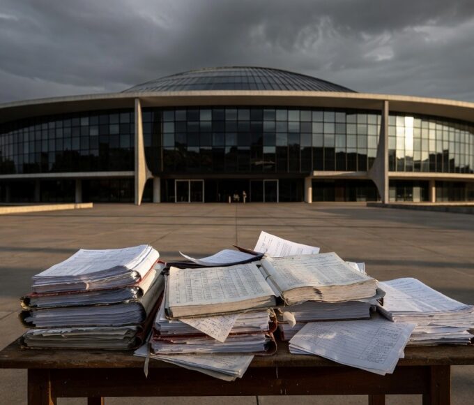 Esplanada dos Ministérios em Brasília sob céu nublado, simbolizando insuficiência orçamentária na educação, saúde e cultura