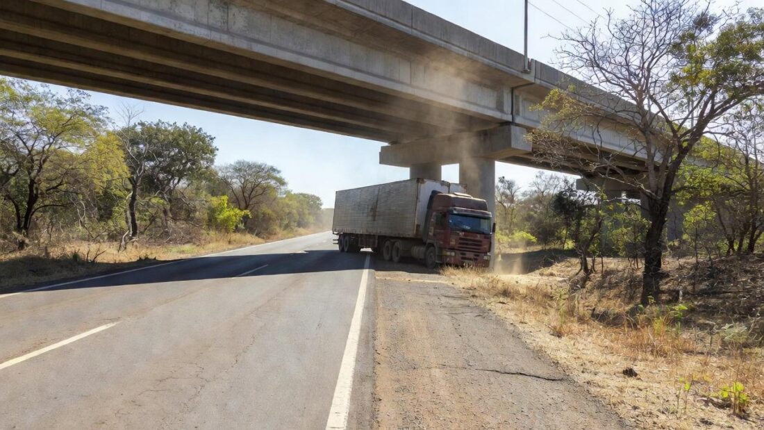 Carreta presa em viaduto da EPIA Sul no Distrito Federal