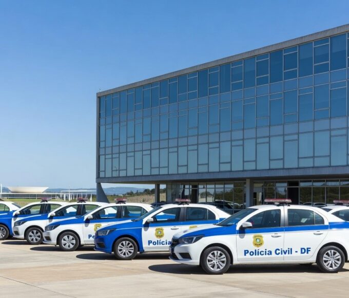 Viaturas da Polícia Civil em operação contra descontos irregulares em aposentadorias no DF