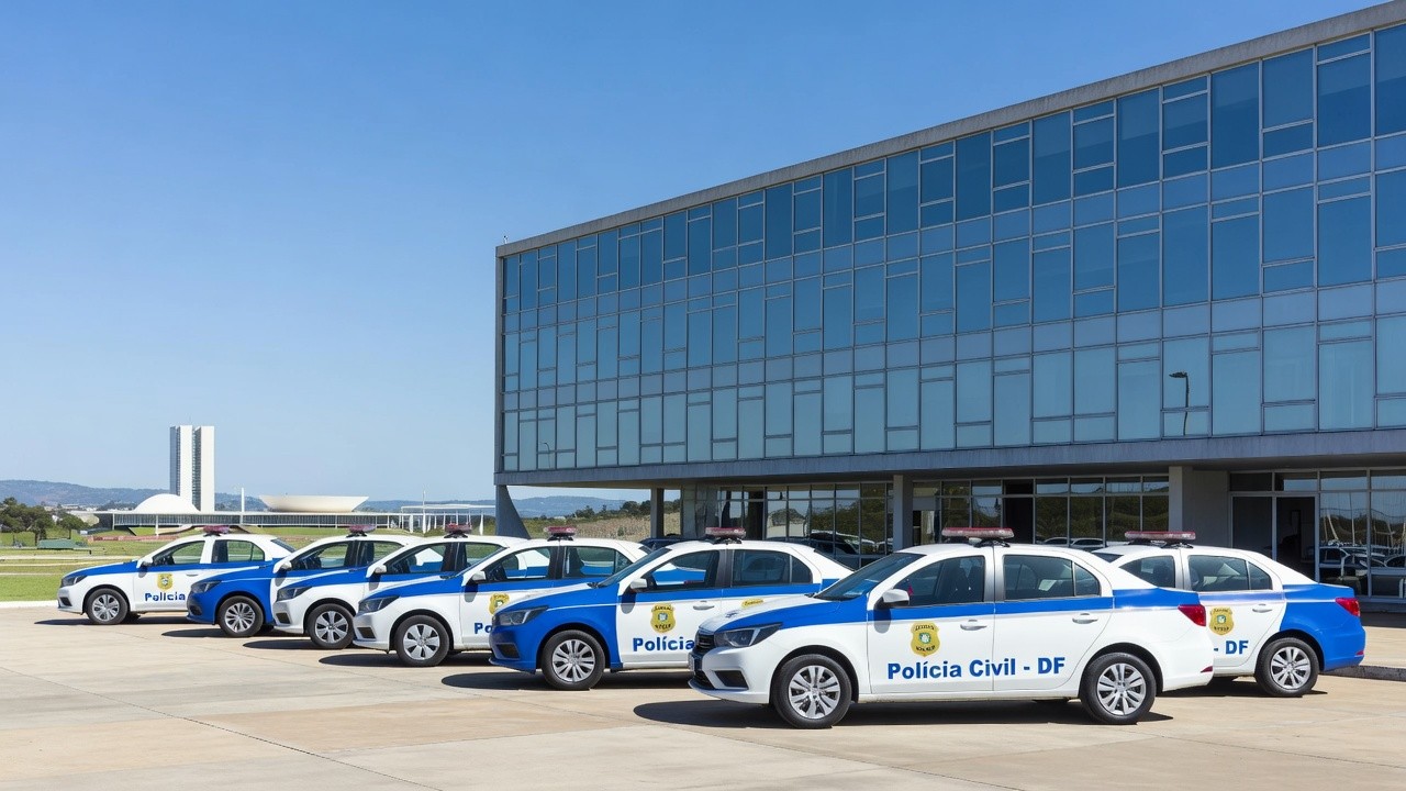 Viaturas da Polícia Civil em operação contra descontos irregulares em aposentadorias no DF
