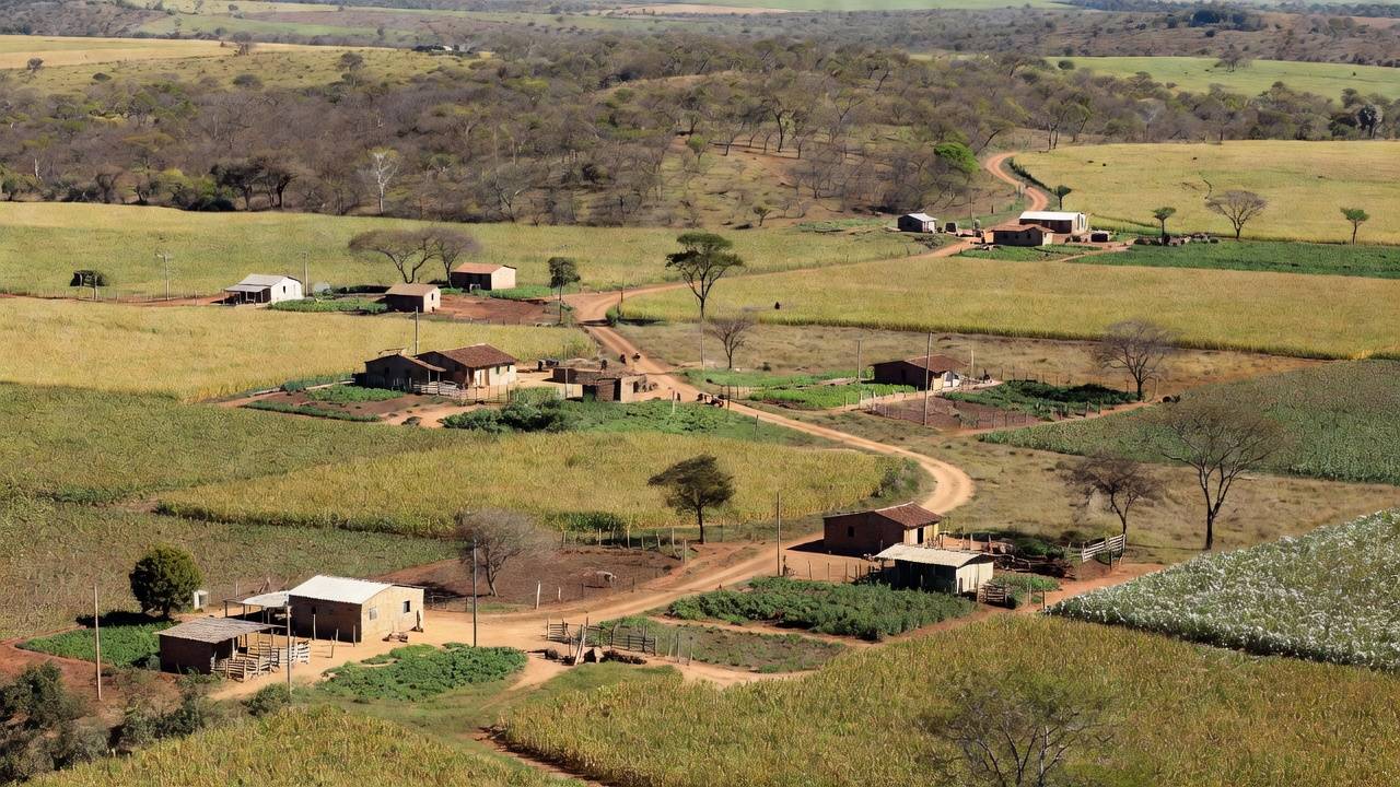 Paisagem rural brasileira com plantação de soja e fazenda sob céu nublado, simbolizando burocracia para empreendedores rurais