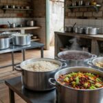 Cozinha solidária no DF com panelas e alimentos básicos, simbolizando combate à fome