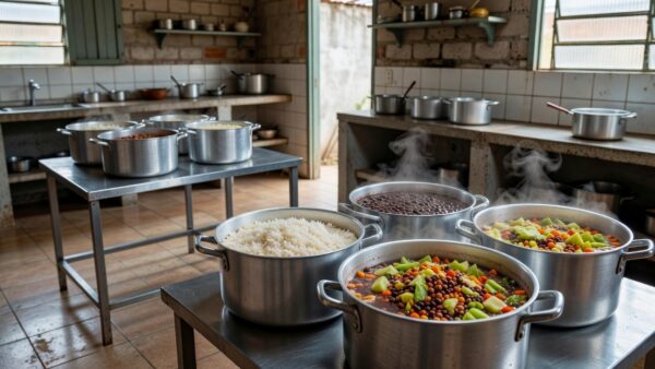 Cozinha solidária no DF com panelas e alimentos básicos, simbolizando combate à fome