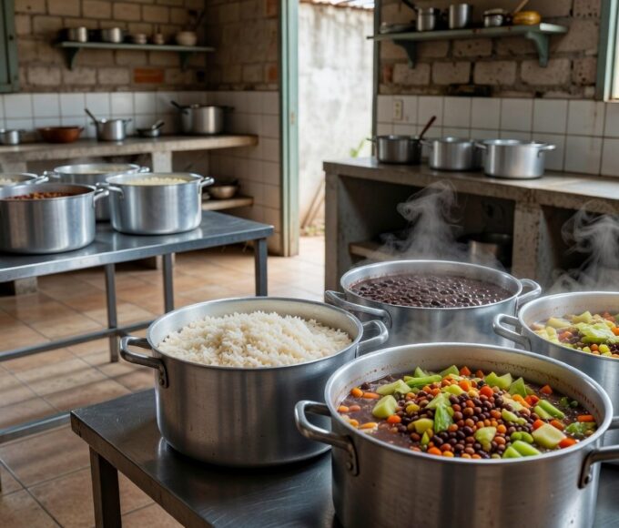 Cozinha solidária no DF com panelas e alimentos básicos, simbolizando combate à fome