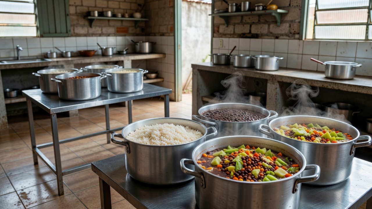 Cozinha solidária no DF com panelas e alimentos básicos, simbolizando combate à fome