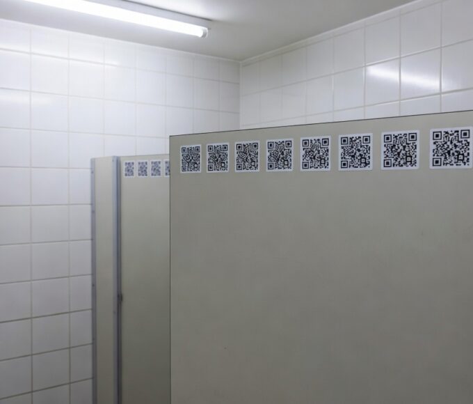 Adesivos com QR Code em banheiro público do DF para ajudar vítimas de violência