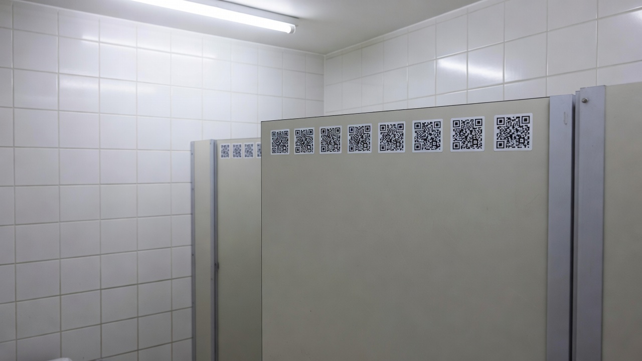 Adesivos com QR Code em banheiro público do DF para ajudar vítimas de violência